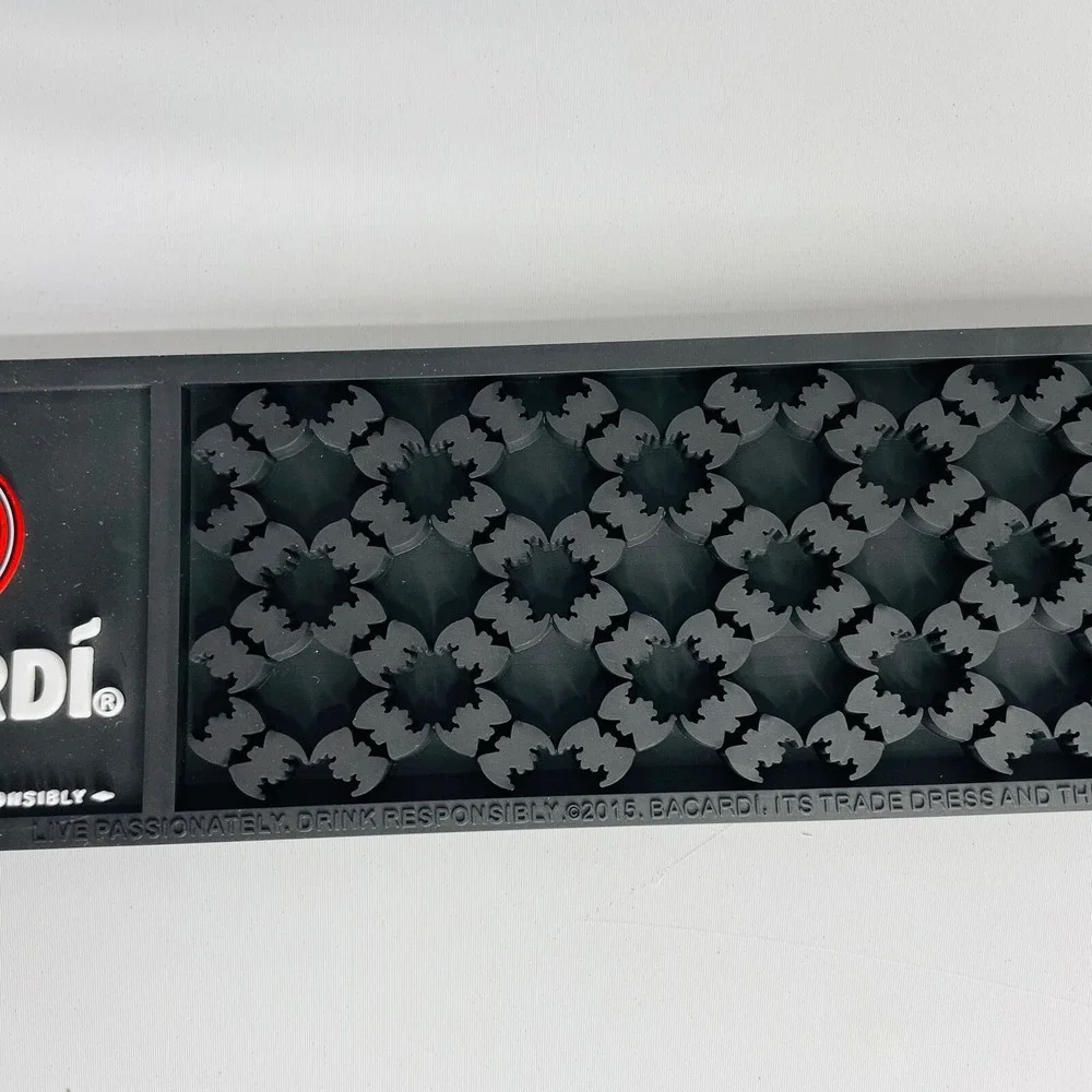 Bacardi Bar Mat Spill Rail Rubber Black‎ Bat Red And White 23.75 x 3.5 New